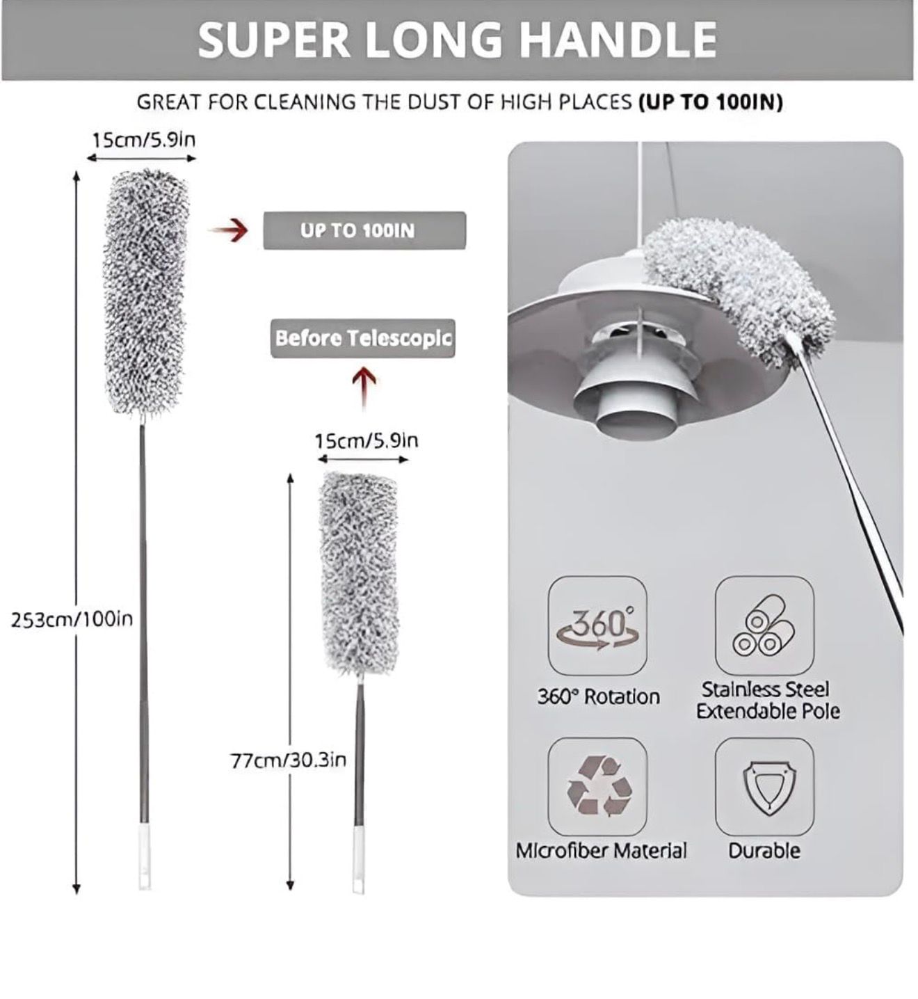 Microfiber Feather Duster for Cleaning with Telescopic Extension Pole Long Upto 100 Inches