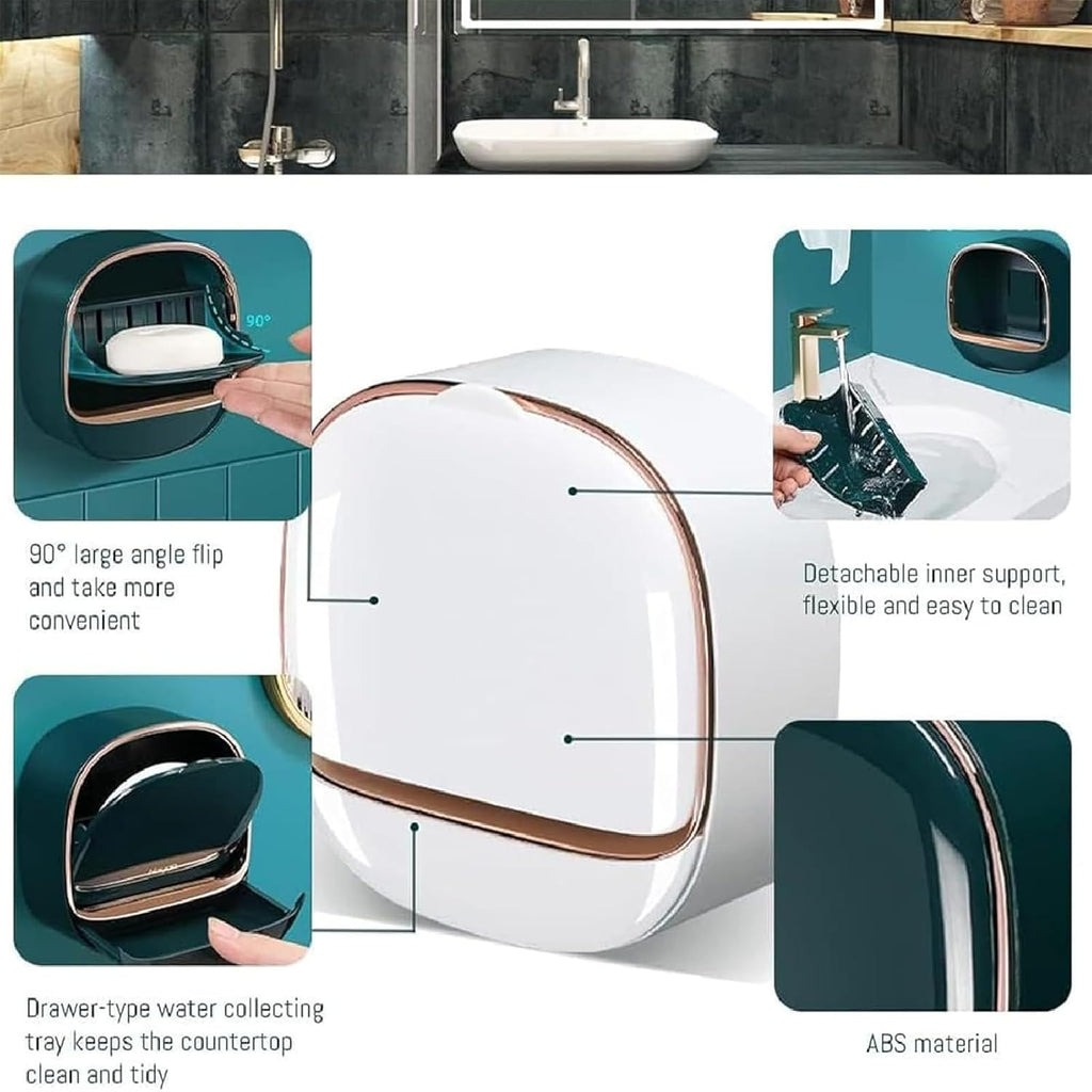 Luxury Soap Holder with Drain Tray, Waterproof Soap Dish with Drainage Box, Soap Box, Soap Dish with Lid, Wall Mounted Drain Sox for Bathroom